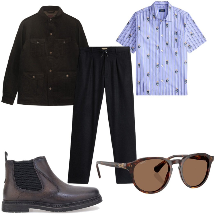 Outfit uomo - Total look #2282778. Stile Trendy per Tutti i giorni. Abbinamento con occhiali da sole, camicie a manica corta, pantaloni, stivali e stivaletti, cappotti.