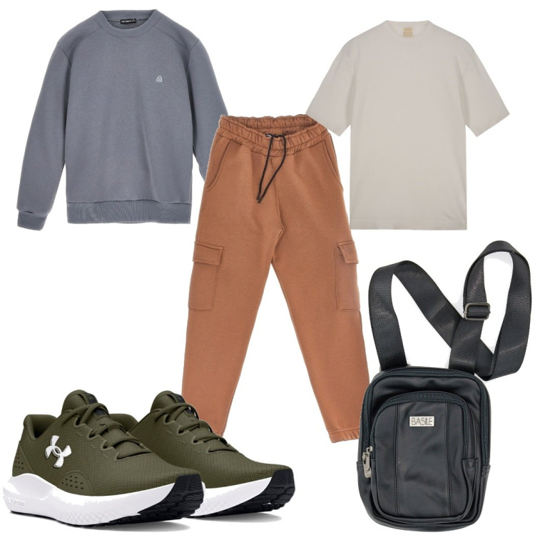 Outfit uomo - Total look #2282783. Stile Trendy per Sport. Abbinamento con scarpe sportive, t-shirt, borse sportive, pantaloni cargo, felpe.