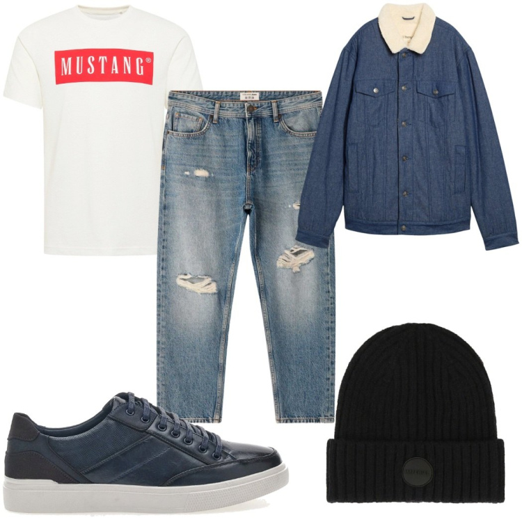 Outfit uomo - Total look #2282786. Stile Casual per Tutti i giorni. Abbinamento con giacche, t-shirt, jeans strappati, cappelli, scarpe stringate.