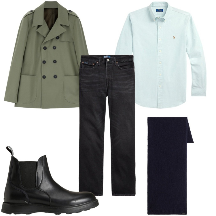 Outfit uomo - Total look #2282787. Stile Casual per Ufficio. Abbinamento con giacche, jeans dritti, camicie, stivali e stivaletti, sciarpe.