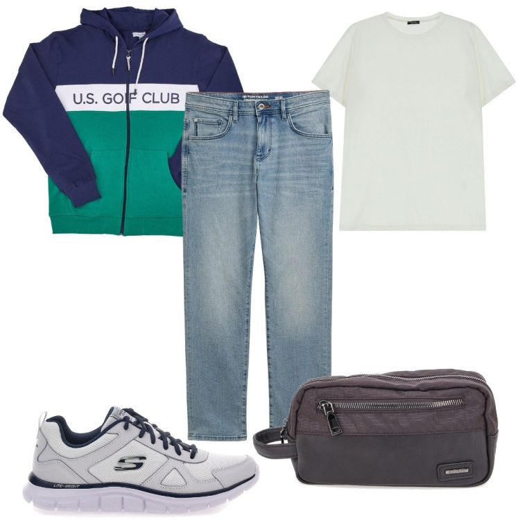 Outfit uomo - Total look #2282790. Stile Casual per Tutti i giorni. Abbinamento con jeans dritti, t-shirt, sneakers, felpe con cappuccio, borse sportive.