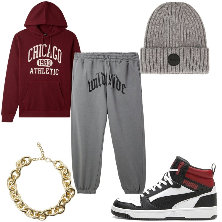 Outfit uomo - Total look #2282792. Stile Urban per Tutti i giorni. Abbinamento con pantaloni, felpe con cappuccio, cappelli, collane, sneakers alte.
