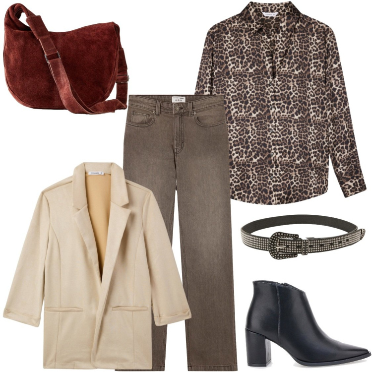 Outfit donna - La camicia animalier. Stile Casual chic per Tutti i giorni. Abbinamento con borse a mano, camicie, blazer, cinture, jeans bootcut, stivaletti.