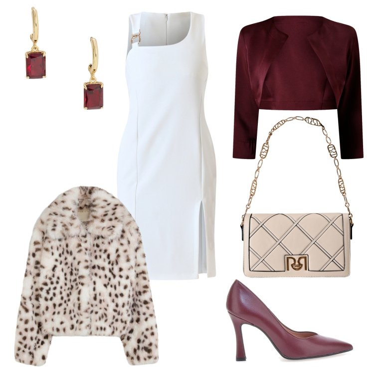 Outfit donna - A cena in un ristorante di classe. Stile Glamour per Serata fuori. Abbinamento con ecopellicce, vestiti a tubino, borse a tracolla, bolero, orecchini, décolleté.