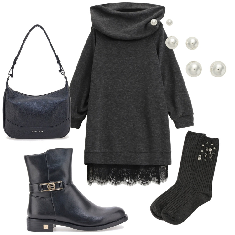 Outfit donna - A novembre con gli stivaletti. Stile Trendy per Tutti i giorni. Abbinamento con calzini, vestiti asimmetrici, orecchini, stivaletti, borse a tracolla.