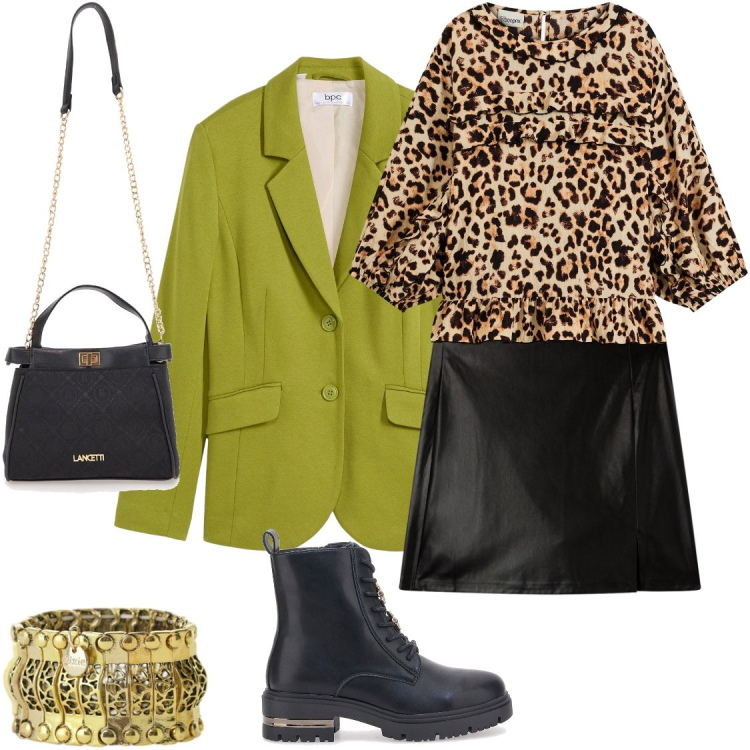 Outfit donna - Serate glam. Stile Glamour per Serata fuori. Abbinamento con bluse, blazer, minigonne, anelli, borse a tracolla, anfibi.