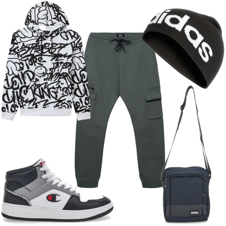 Outfit uomo - Total look #2282803. Stile Urban per Tutti i giorni. Abbinamento con felpe con cappuccio, pantaloni cargo, berretti, sneakers alte, borse sportive.