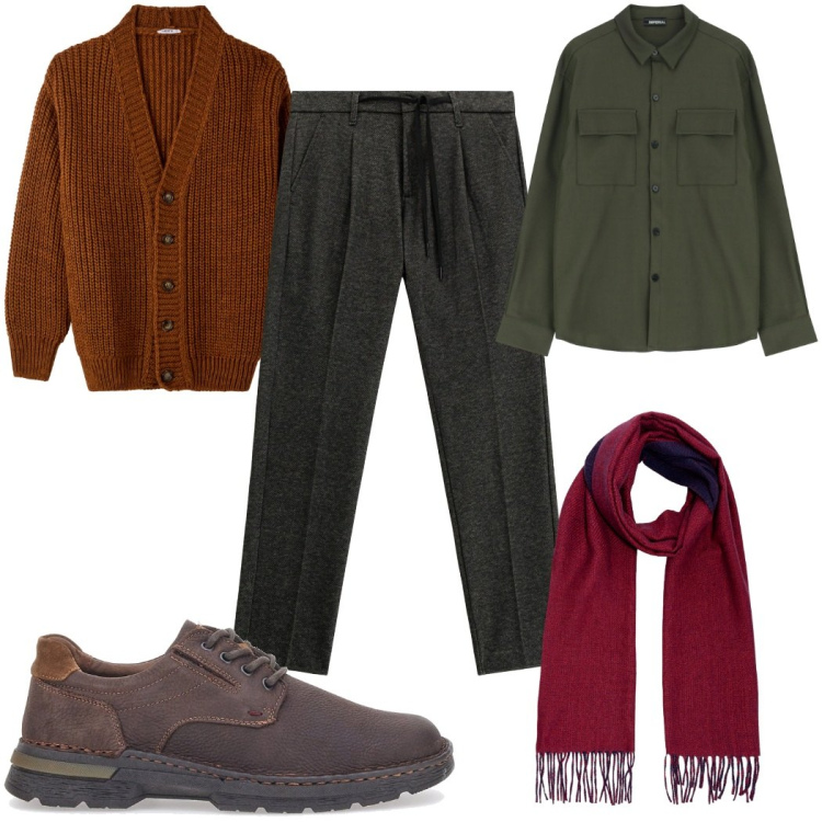 Outfit uomo - Total look #2282804. Stile Casual per Ufficio. Abbinamento con cardigans, camicie, pantaloni, scarpe stringate, sciarpe.