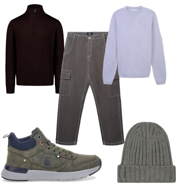 Outfit uomo - Total look #2282809. Stile Trendy per Tutti i giorni. Abbinamento con pantaloni cargo, maglieria, stivali e stivaletti, maglieria, berretti.