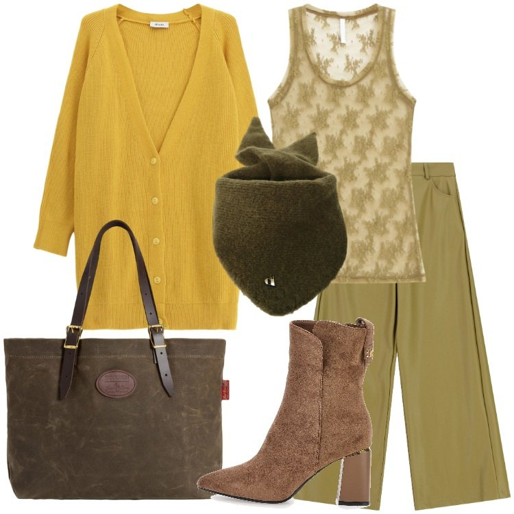 Outfit donna - Autumn vibes. Stile Trendy per Tutti i giorni. Abbinamento con canottiere, cardigans, pantaloni a palazzo, foulard, borse tote, stivaletti.