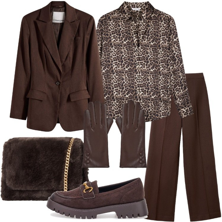 Outfit donna - Animalier - @laurafo. Stile Trendy per Ufficio. Abbinamento con blazer, camicie, guanti, pantaloni, borse a tracolla, mocassini.