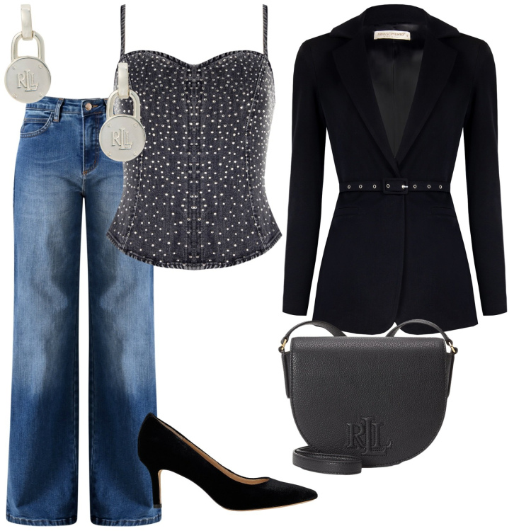 Outfit donna - Serata in denim. per Serata fuori. Abbinamento con top, jeans, blazer, orecchini, décolleté, borse a tracolla.