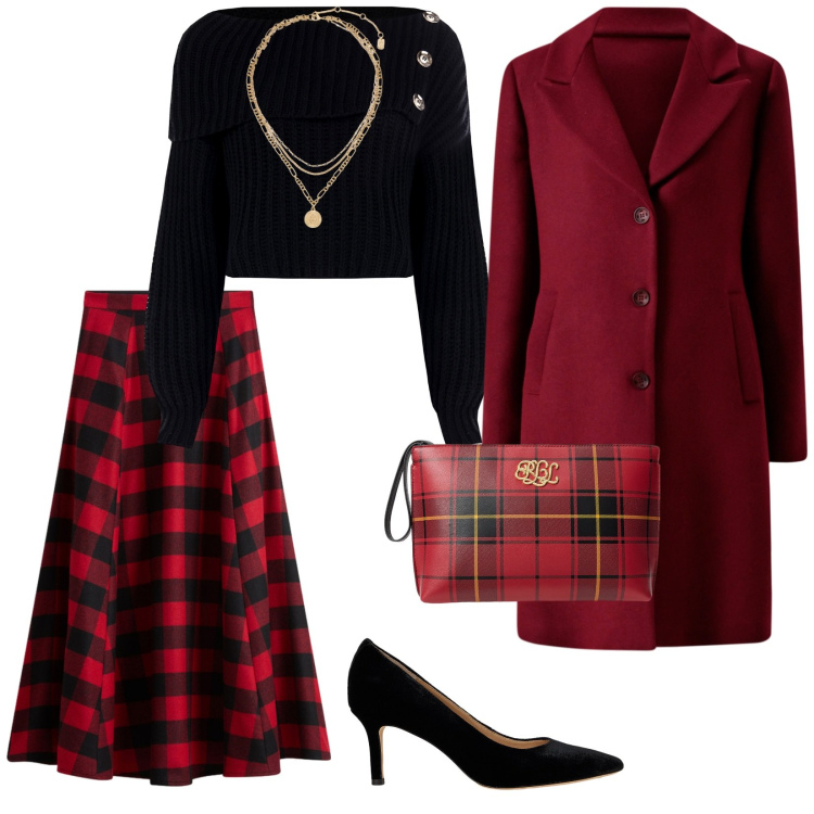 Outfit donna - Prepariamoci al Natale. per Tutti i giorni. Abbinamento con maglieria, cappotti, pochette, décolleté, ciondoli, gonne lunghe.