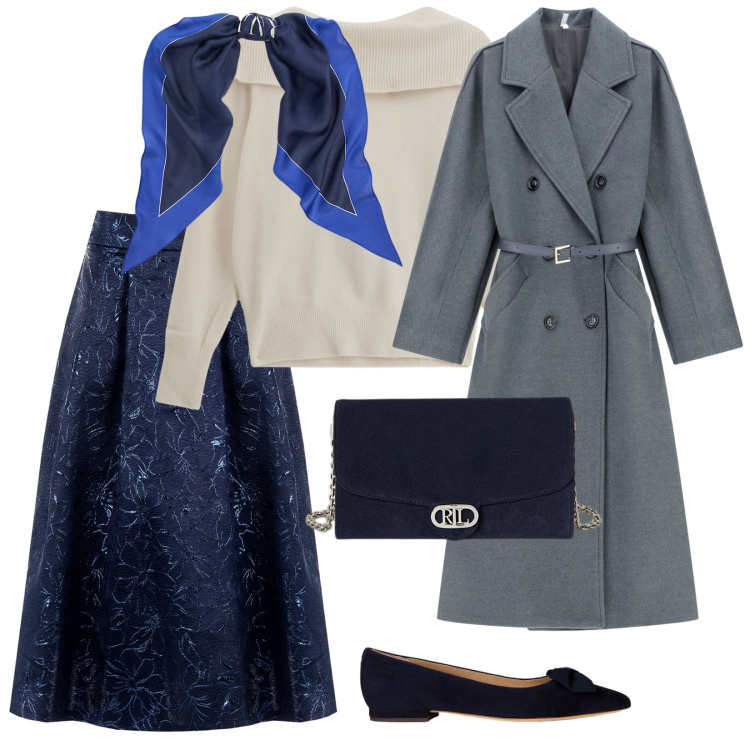 Outfit donna - Feste di Natale in blu. per Tutti i giorni. Abbinamento con gonne longuette, cappotti, maglieria, borse a tracolla, ballerine, foulard.