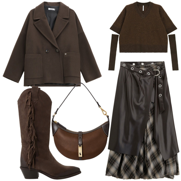 Outfit donna - Total look #2282822. Stile Boho per Serata fuori. Abbinamento con cappotti, maglieria, stivali, gonne lunghe, borse a spalla.