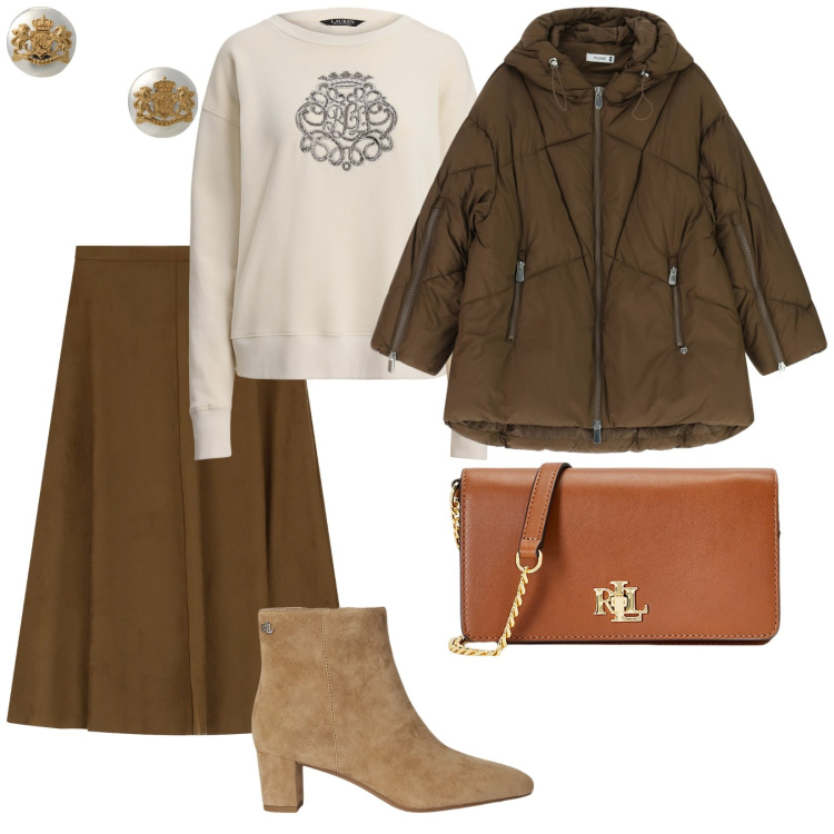 Outfit donna - Dicembre arriva. per Tutti i giorni. Abbinamento con piumini, gonne longuette, pullovers, orecchini, borse a mano, stivaletti.