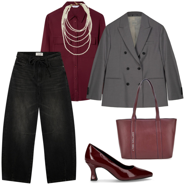 Outfit donna - A lavoro con il denim. per Ufficio. Abbinamento con camicie, jeans, collane, blazer, shopping bag, décolleté.