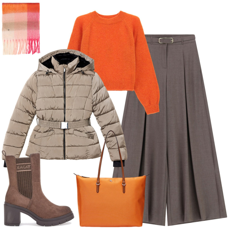 Outfit donna - Total look #2282830. Stile Casual per Tutti i giorni. Abbinamento con piumini, pantaloni a palazzo, maglieria, sciarpe, borse tote, stivaletti chelsea.