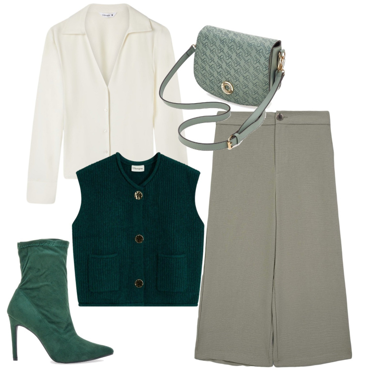 Outfit donna - Menta. Stile Bon Ton per Ufficio. Abbinamento con maglieria, pantaloni a palazzo, camicie, borse a tracolla, stivaletti.