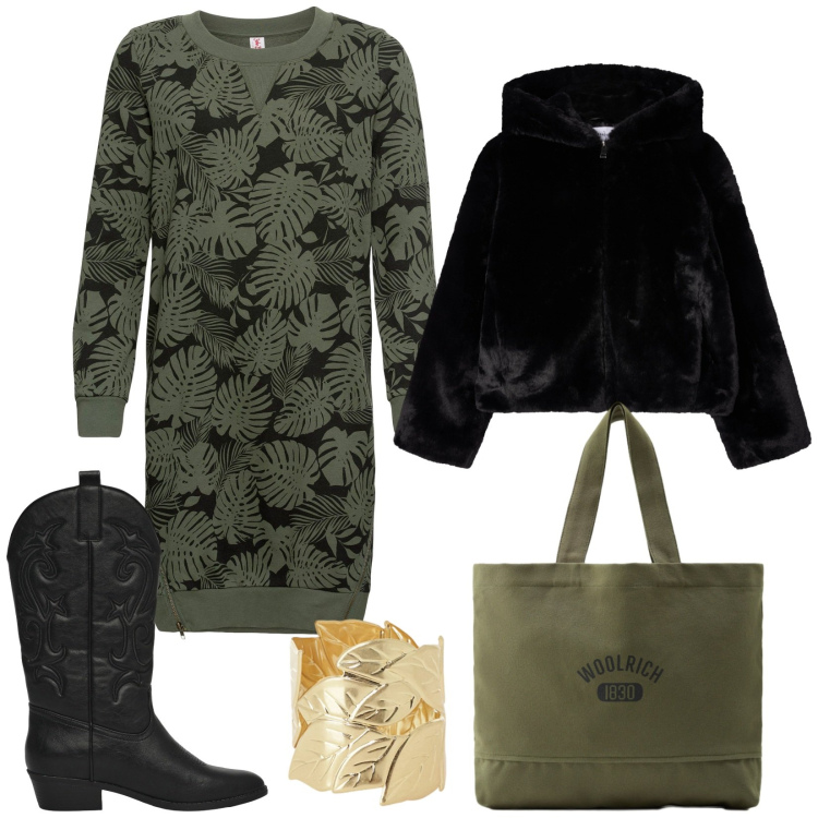 Outfit donna - Total look #2282839. Stile Urban per Tutti i giorni. Abbinamento con vestiti, stivaletti texani, ecopellicce, anelli, borse tote.