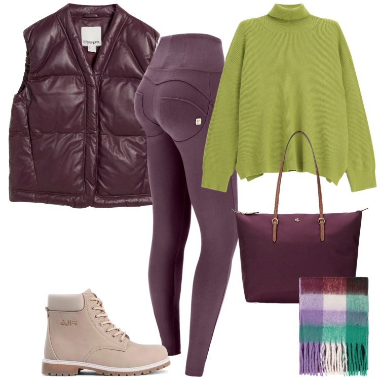Outfit donna - Lime e burgundy. Stile Casual chic per Tutti i giorni. Abbinamento con piumini, pantaloni skinny, maglieria, sciarpe, borse tote, stivaletti.