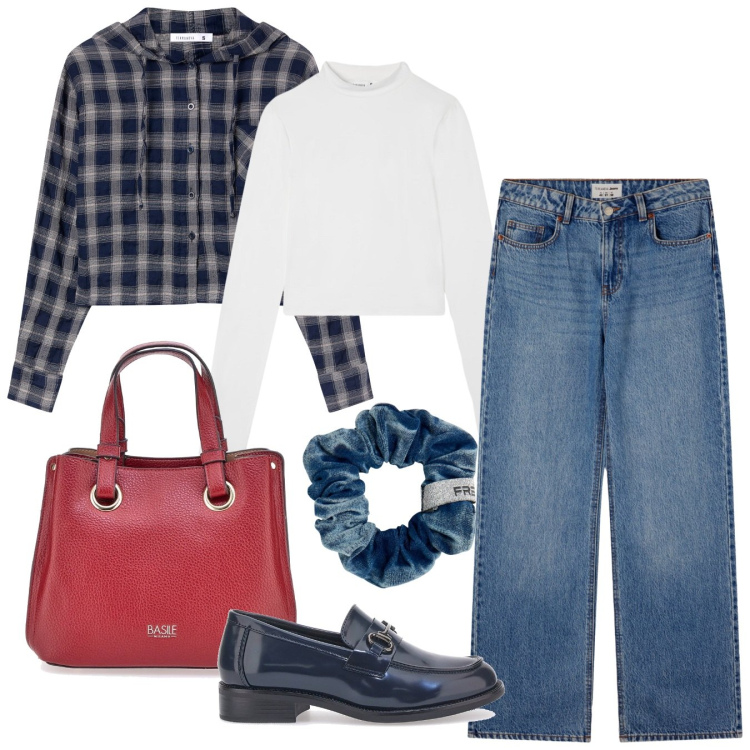 Outfit donna - Quasi mannish. Stile Mannish per Tutti i giorni. Abbinamento con jeans, camicie, t-shirt, accessori per capelli, mocassini, borse a mano.