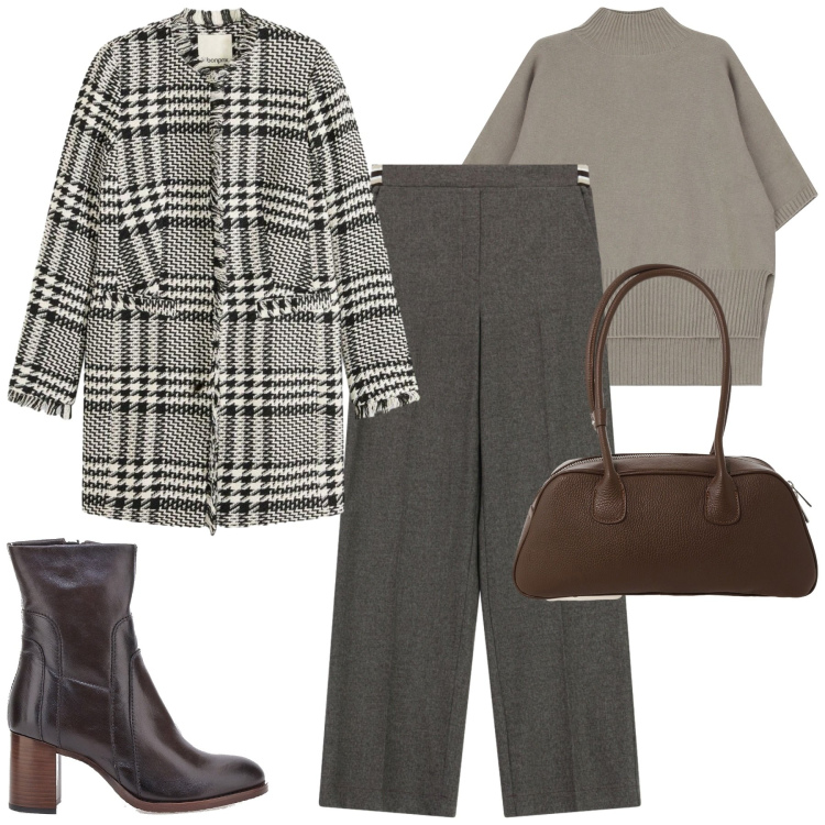 Outfit donna - City. Stile Urban per Tutti i giorni. Abbinamento con blazer, maglieria, pantaloni a palazzo, borse a mano, stivaletti.