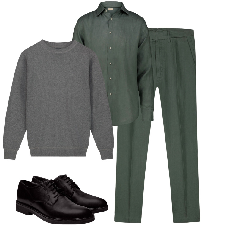 Outfit uomo - Total grey. Stile Business/Elegante per Tutti i giorni. Abbinamento con scarpe stringate, camicie, pantaloni, maglieria.