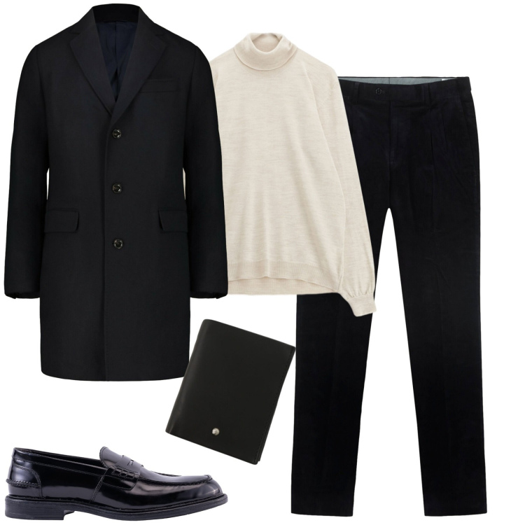 Outfit uomo - B&w. Stile Business/Elegante per Tutti i giorni. Abbinamento con portafogli, maglieria, scarpe stringate, pantaloni, cappotti.