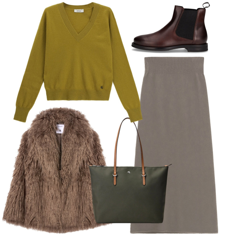 Outfit donna - Passeggiata. Stile Bon Ton per Tutti i giorni. Abbinamento con ecopellicce, gonne lunghe, maglieria, borse tote, stivaletti chelsea.