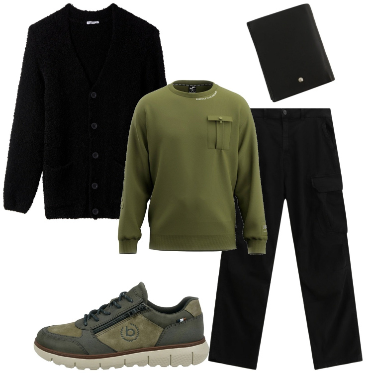 Outfit uomo - Total look #2282853. Stile Urban per Tutti i giorni. Abbinamento con cardigans, pantaloni cargo, portafogli, sneakers, felpe.