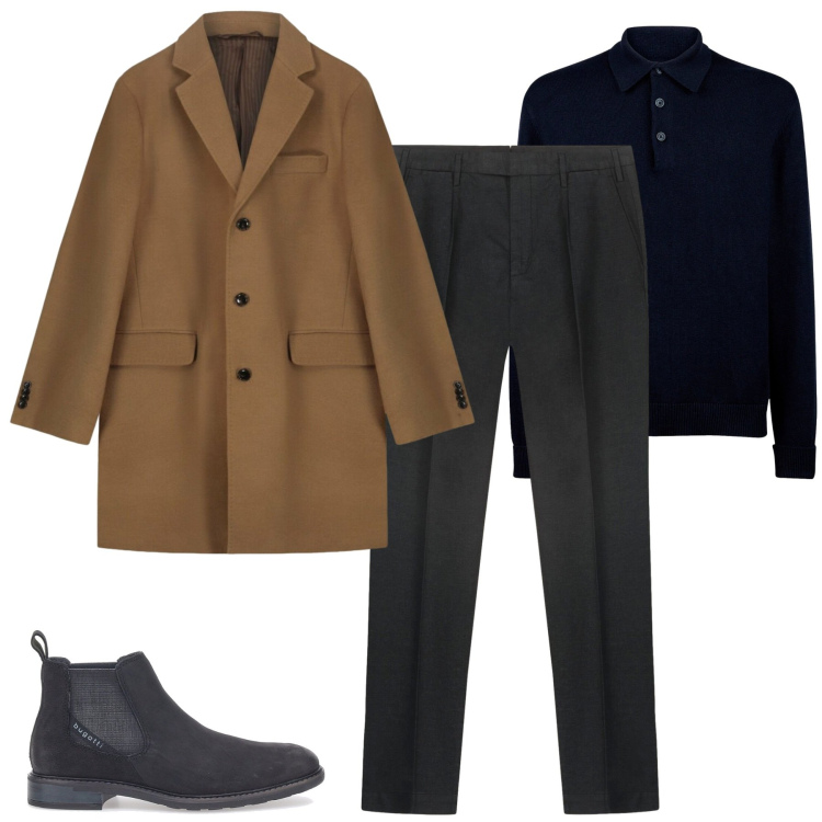 Outfit uomo - City. Stile Business/Elegante per Tutti i giorni. Abbinamento con stivali e stivaletti, polo, pantaloni, cappotti.
