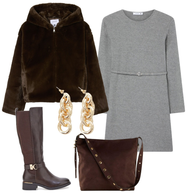 Outfit donna - Una donna elegante. Stile Chic per Tutti i giorni. Abbinamento con shopping bag, vestiti midi/longuette, ecopellicce, orecchini, stivali.