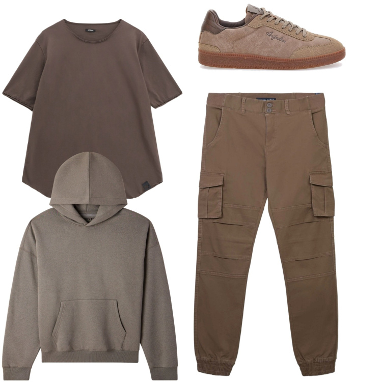 Outfit uomo - Sporty. Stile Casual per Tutti i giorni. Abbinamento con pantaloni cargo, felpe con cappuccio, t-shirt, sneakers.