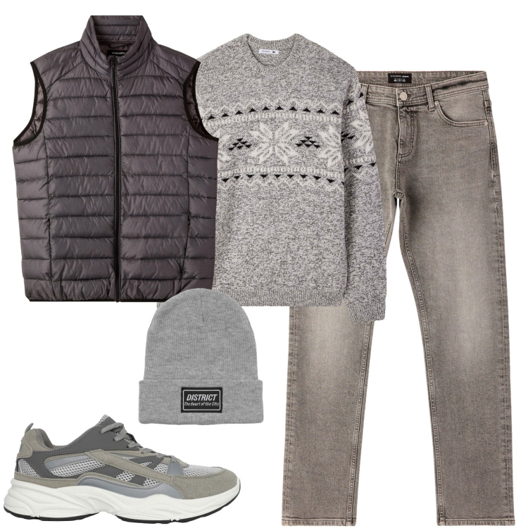 Outfit uomo - Il maglione grigio. Stile Casual per Tutti i giorni. Abbinamento con sneakers, jeans, berretti, piumini, maglieria.