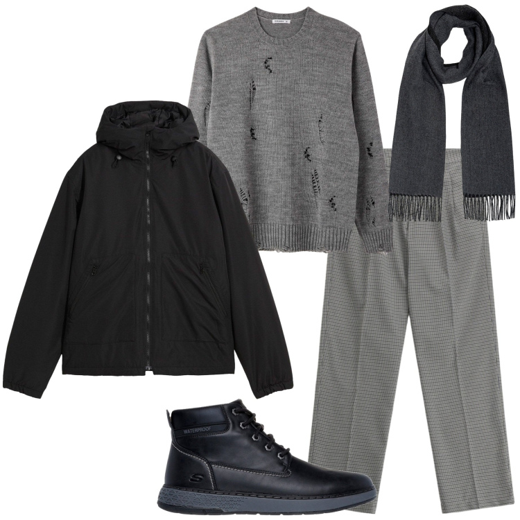 Outfit uomo - Serata con amici. Stile Urban per Tutti i giorni. Abbinamento con giacche, maglieria, pantaloni, sciarpe, stivali e stivaletti.