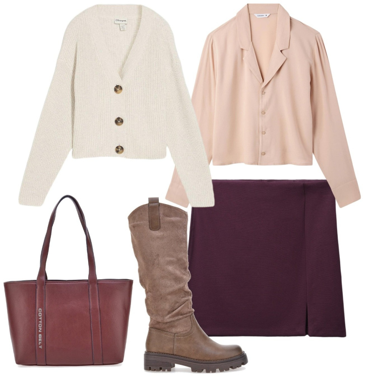 Outfit donna - La mini prugna. Stile Bon Ton per Tutti i giorni. Abbinamento con cardigans, camicie, minigonne, stivali, shopping bag.