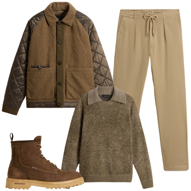 Outfit uomo - Woolrich. Stile Casual per Tutti i giorni. Abbinamento con anfibi, pantaloni, maglieria, giacche.