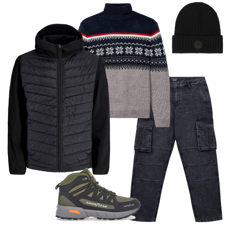Outfit uomo - Passeggiata autunnale. Stile Urban per Tutti i giorni. Abbinamento con maglieria, giacche, jeans, cappelli, stivali e stivaletti.