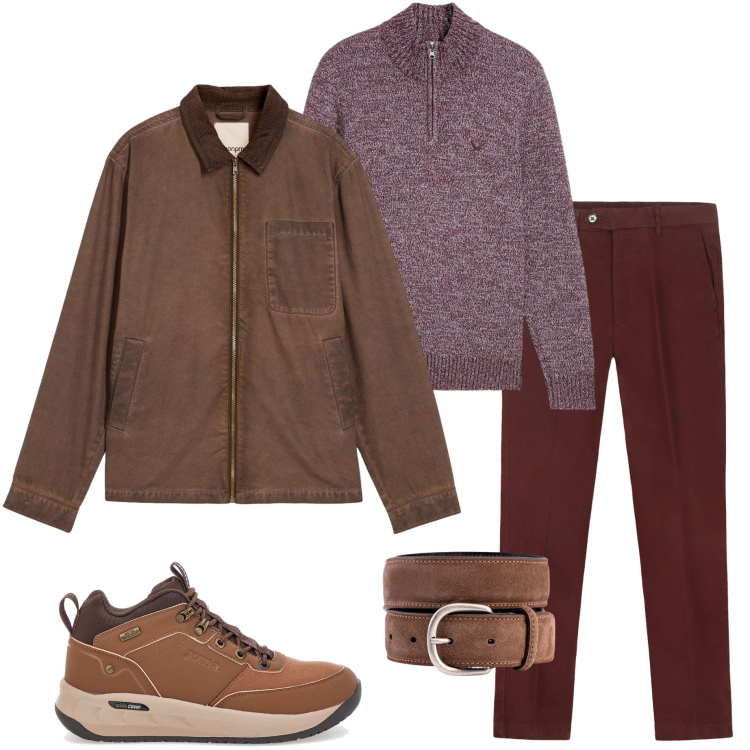 Outfit uomo - Colori autunnali. Stile Urban per Tutti i giorni. Abbinamento con giacche, maglieria, cinture, pantaloni chino, stivali e stivaletti.