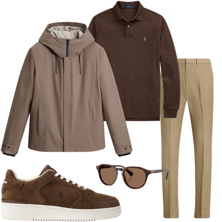 Outfit uomo - Casual chic. Stile Urban per Tutti i giorni. Abbinamento con occhiali da sole, sneakers, polo, pantaloni, giacche.