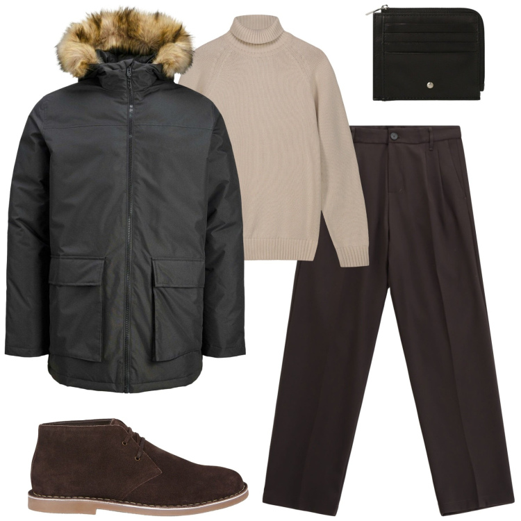Outfit uomo - Total look #2282885. Stile Urban per Tutti i giorni. Abbinamento con parka, pantaloni, portafogli, stivali e stivaletti, pullovers.