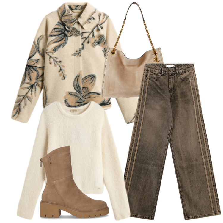 Outfit donna - Caramellato. Stile Casual chic per Tutti i giorni. Abbinamento con jeans, borse tote, maglieria, cappotti, stivaletti.