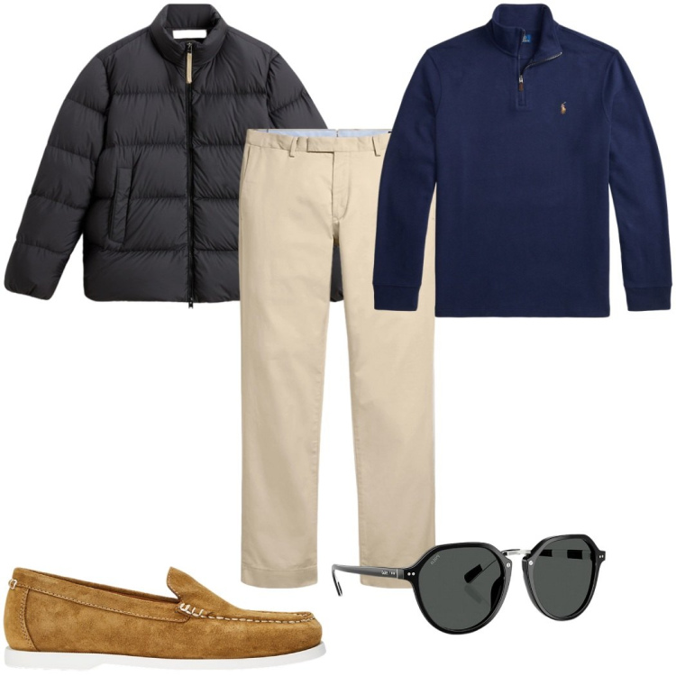 Outfit uomo - Total look #2282899. Stile Casual per Tutti i giorni. Abbinamento con pantaloni chino, occhiali da sole, scarpe stringate, pullovers, piumini.