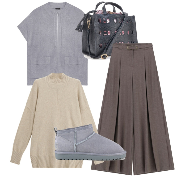 Outfit donna - Fumè. Stile Bon Ton per Tutti i giorni. Abbinamento con pantaloni a palazzo, maglieria, stivali, borse a mano, maglieria.