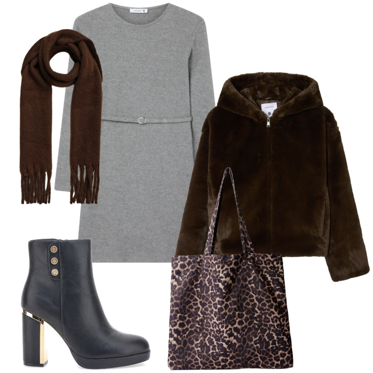 Outfit donna - A novembre con gli stivaletti. Stile Casual per Ufficio. Abbinamento con shopping bag, vestiti midi/longuette, ecopellicce, sciarpe, stivaletti.