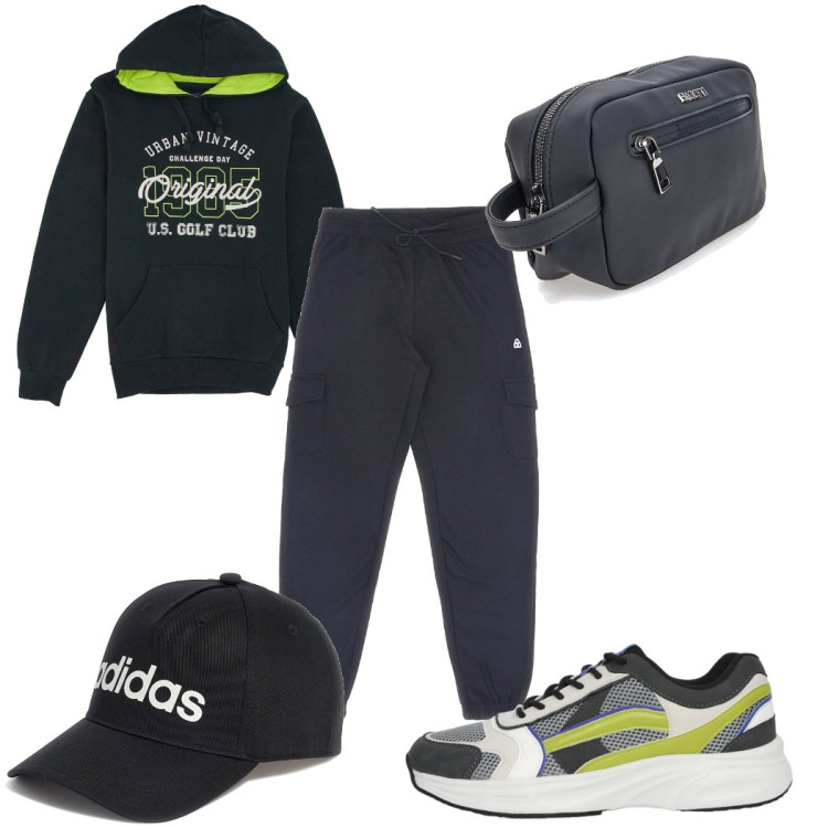 Outfit uomo - Total look #2282903. Stile Trendy per Sport. Abbinamento con sneakers, felpe con cappuccio, cappelli, pantaloni cargo, borse sportive.