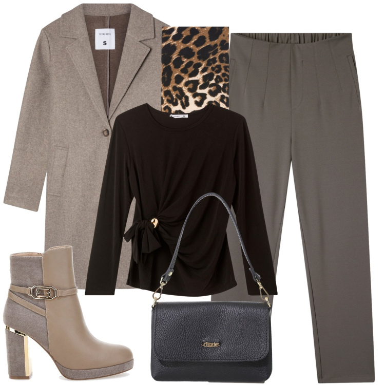 Outfit donna - Black Friday chic. Stile Chic per Tutti i giorni. Abbinamento con bluse, pantaloni chino, cappotti, borse a tracolla, stivaletti, sciarpe.