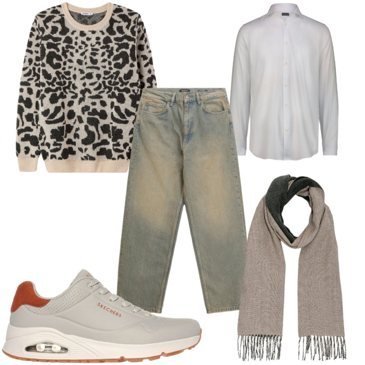 Outfit uomo - Total look #2282910. Stile Trendy per Tutti i giorni. Abbinamento con maglieria, jeans, sciarpe, camicie, sneakers.