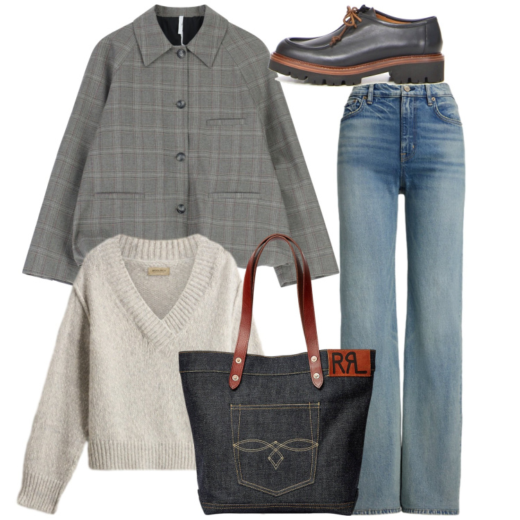 Outfit donna - Autunno in jeans. Stile Casual per Tutti i giorni. Abbinamento con blazer, jeans, borse tote, maglieria, mocassini.